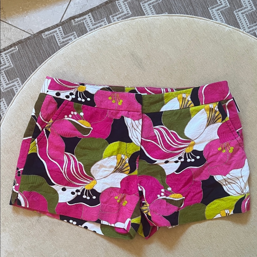 Trina Turk Floral Print Shorts in Fuchsia, Olive & White